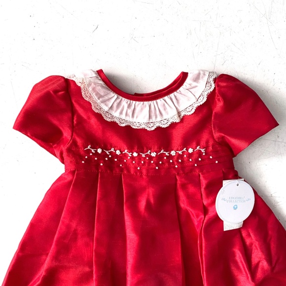 Edgehill Collection Nwt Baby Girl Ruffle Neck Short Sleeve Red Taffeta Dress - Picture 2 of 6